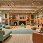 Low-ceiling indoor playground design with compact soft play, toddler zone, parent seating, and visible ceiling beams