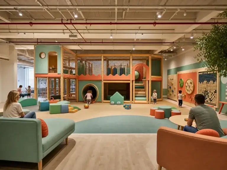 Gestaltung eines Indoor-Spielplatzes mit niedriger Deckenhöhe, kompaktem Softplay-Bereich, Kleinkindzone, Sitzgelegenheiten für Eltern und sichtbaren Deckenbalken