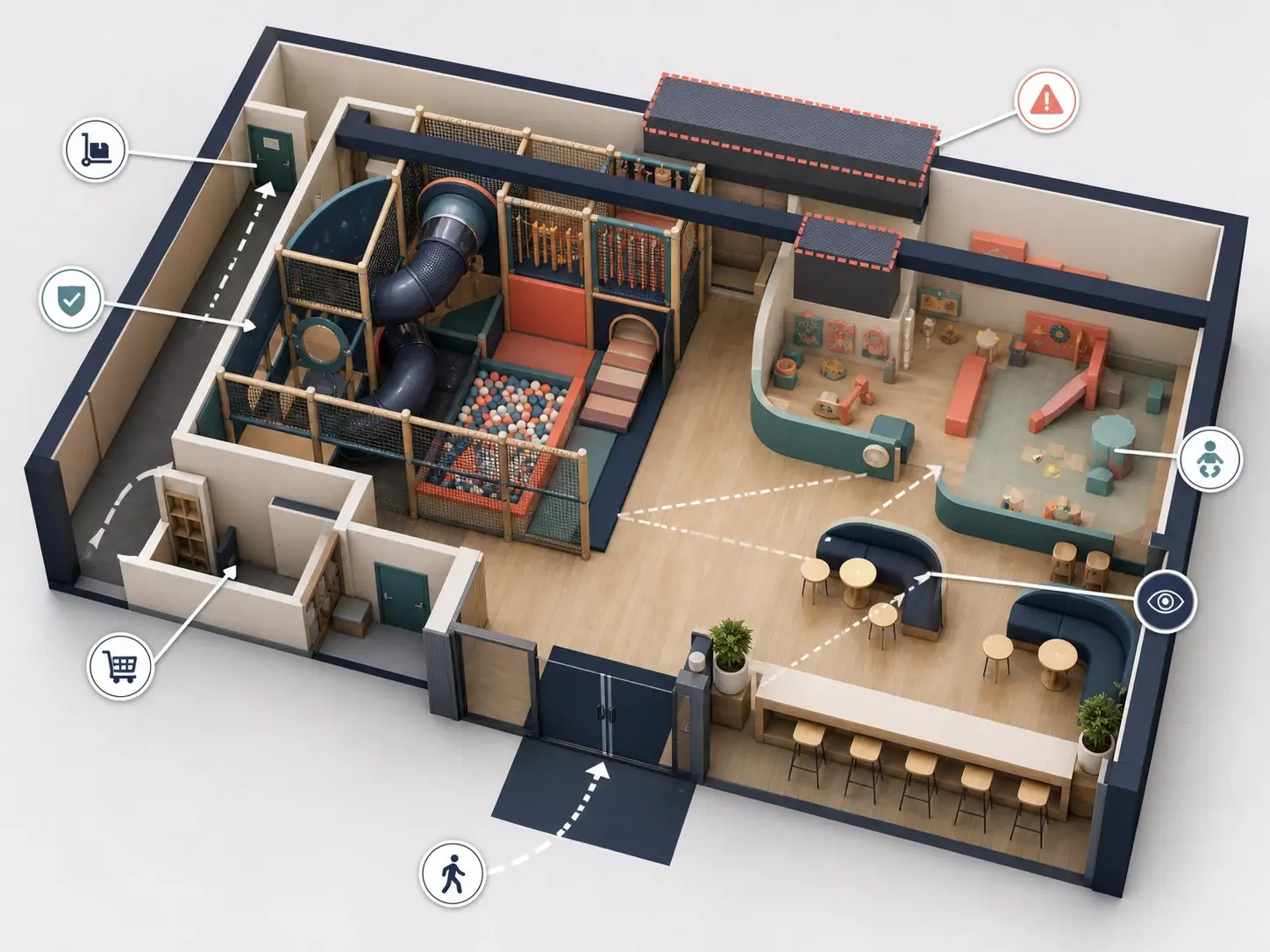 Isometric low-ceiling indoor playground layout showing soft play, toddler corner, parent seating, service access, and ceiling obstacles