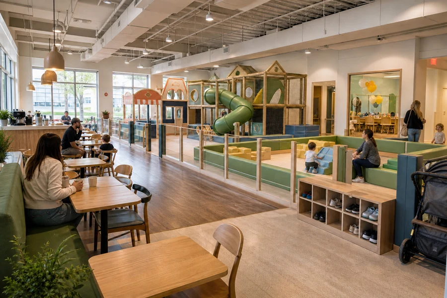 Operational play cafe with open parent sightlines, separate age zones, cafe seating, and clear circulation