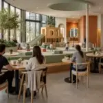 Parents seated at cafe tables with clear views of an open toddler soft-play zone in a commercial Play Cafe