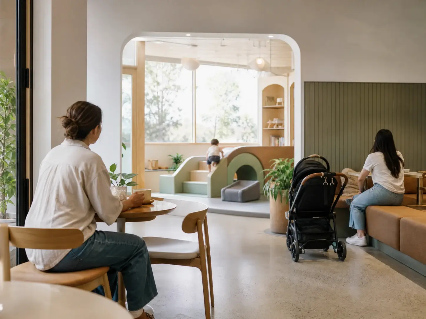 A parent watches a low soft-play area from a cafe table with an open, unobstructed view