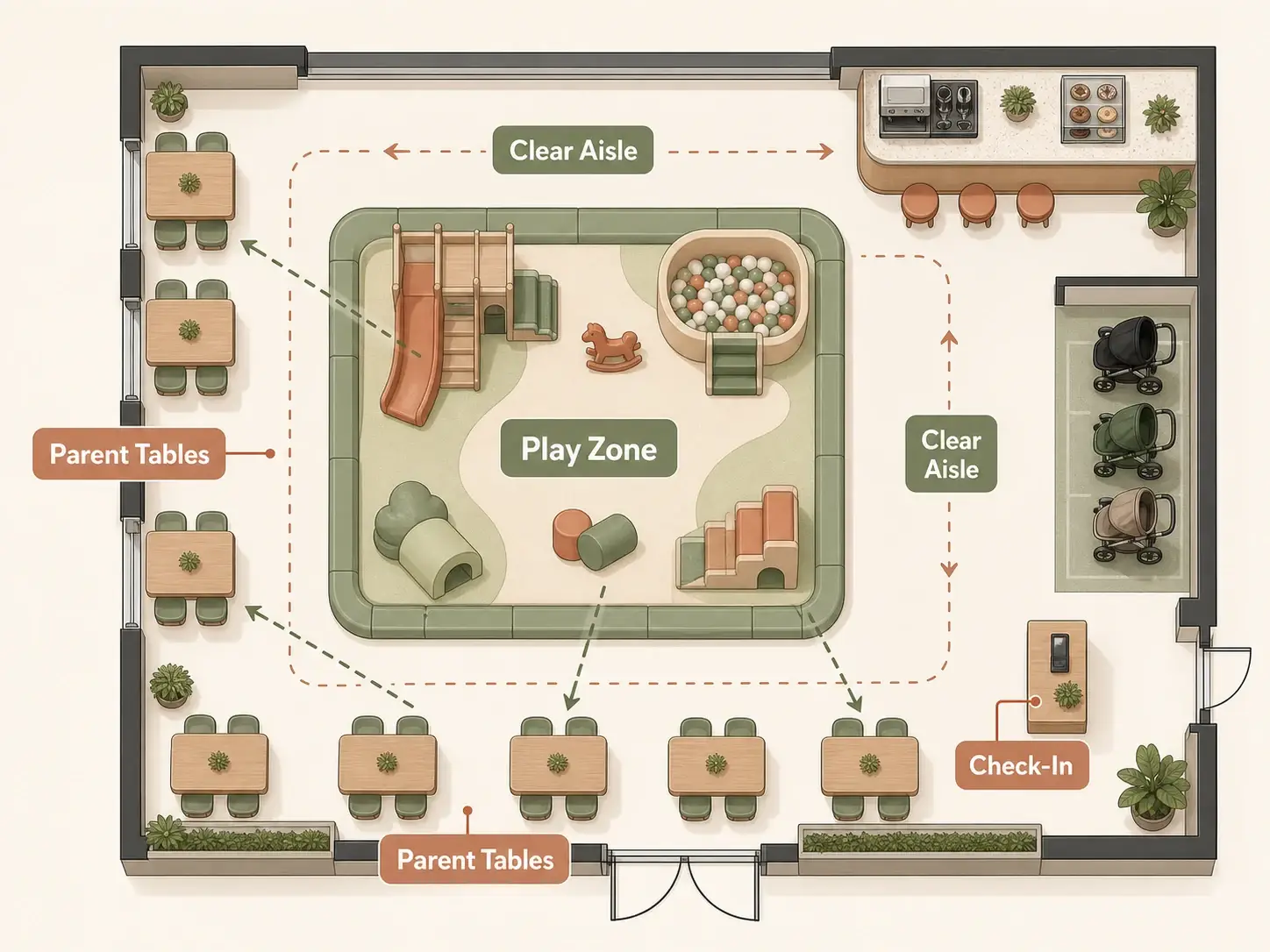 Top-down Play Cafe plan showing parent tables, a central play zone, clear aisles, check-in, and sightlines