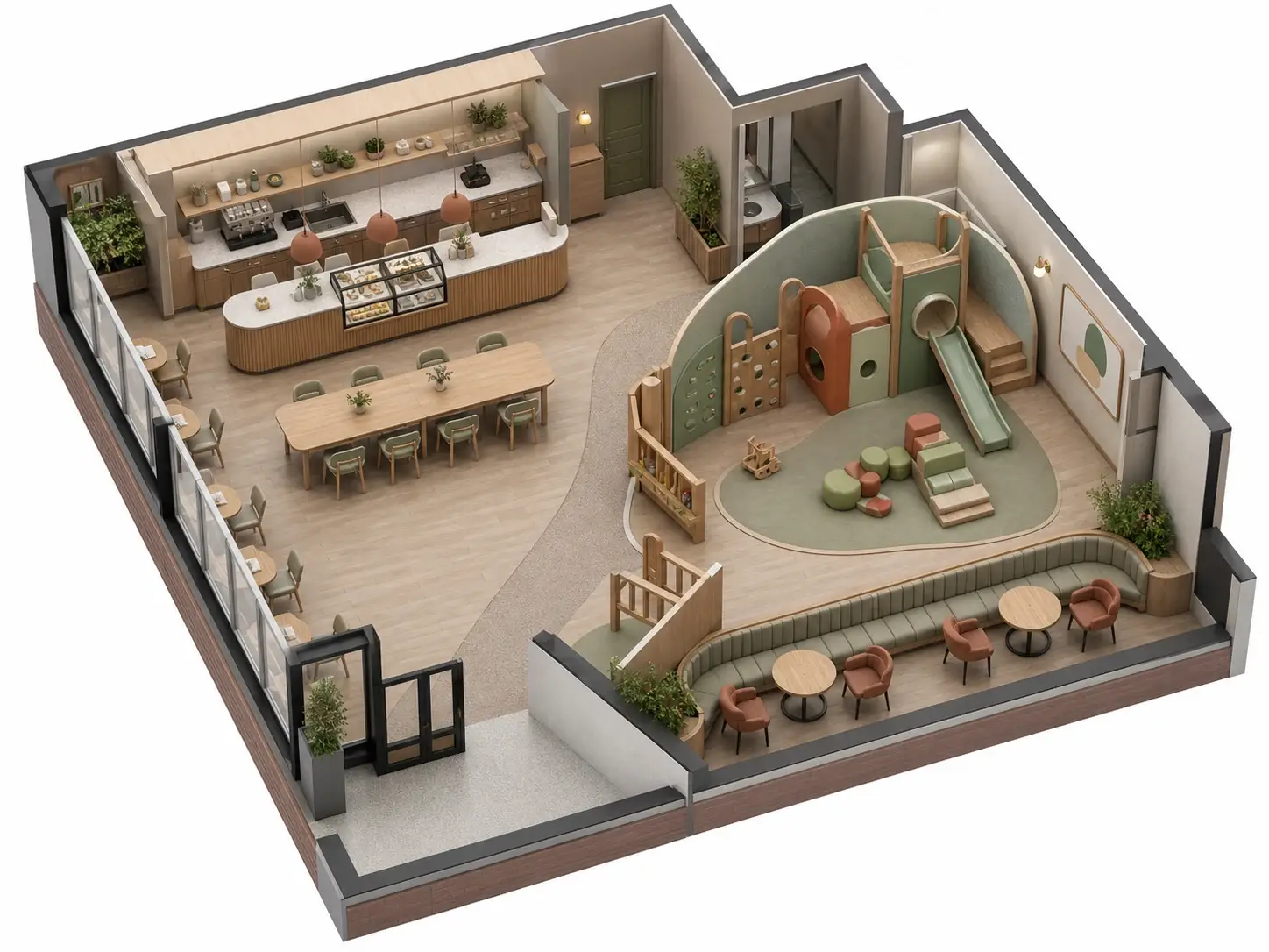 Isometric Play Cafe layout showing two-top tables, a shared table, perimeter banquette, café counter, and open play zone