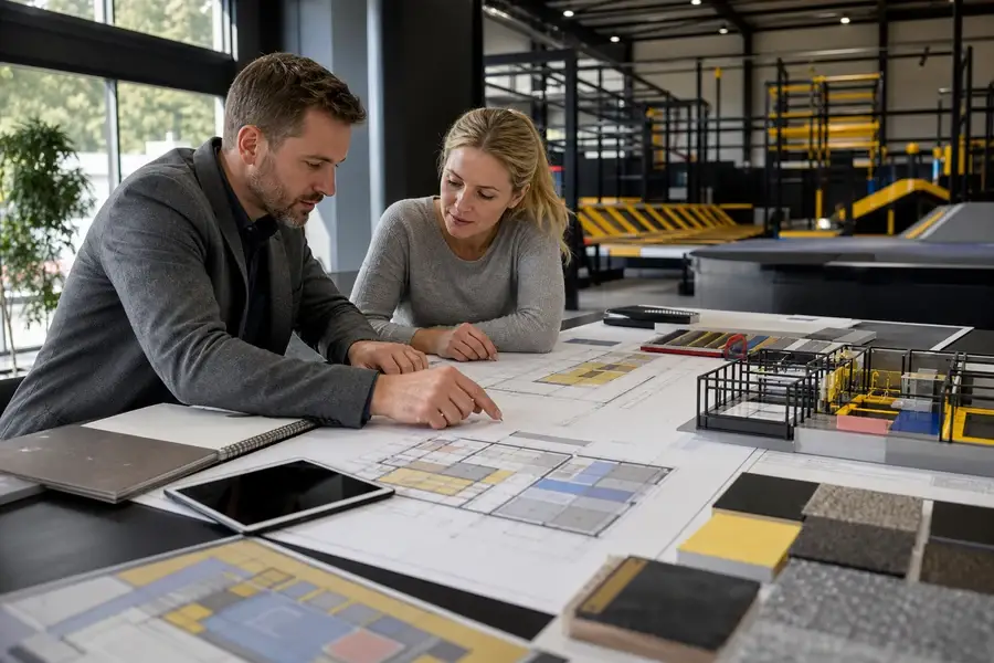 Venue owner and designer reviewing a trampoline park floor plan and investment scope
