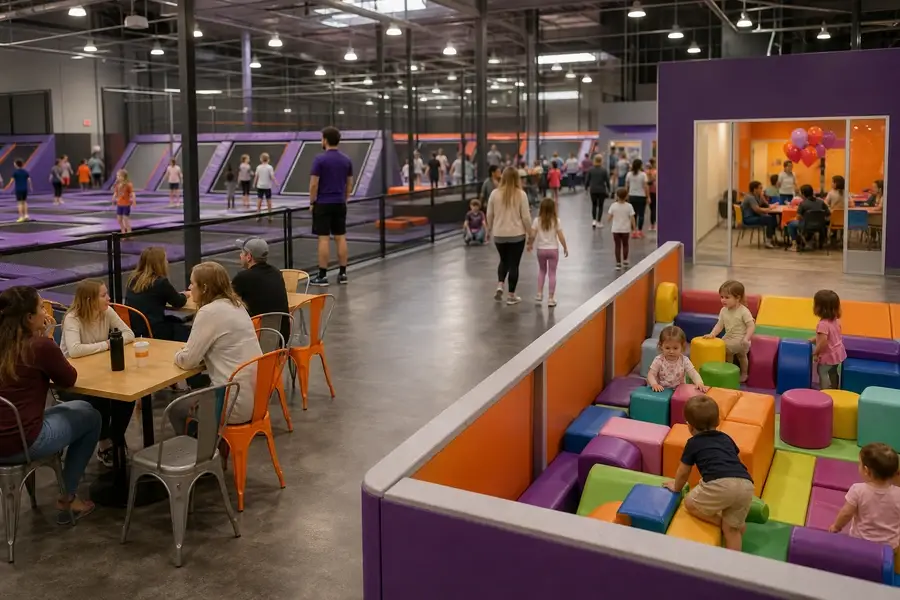 Family trampoline park operating layout with separated active play, toddler play, party, seating, and staff observation zones