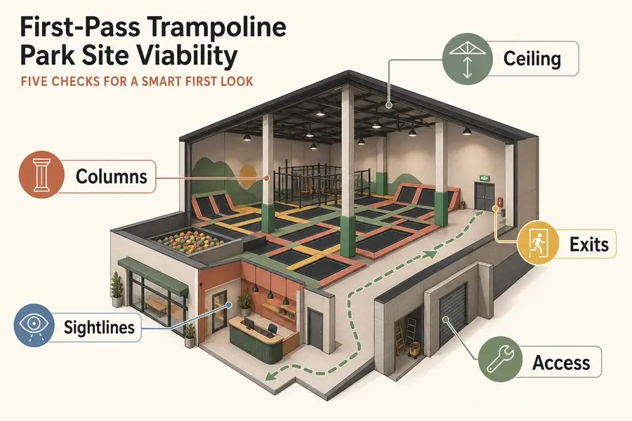 Isometric site-screening diagram for a commercial trampoline park showing ceiling, columns, exits, sightlines, and access