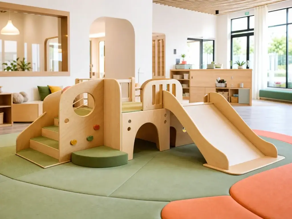Commercial daycare indoor playroom with a low wood playground climber, soft mats, and clear supervision sightlines