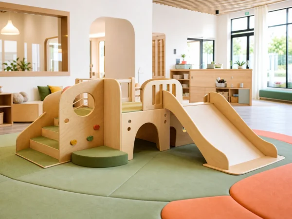 Sala de juegos interior de una guardería comercial con una estructura de escalada baja de madera, colchonetas blandas y líneas de visión claras para la supervisión