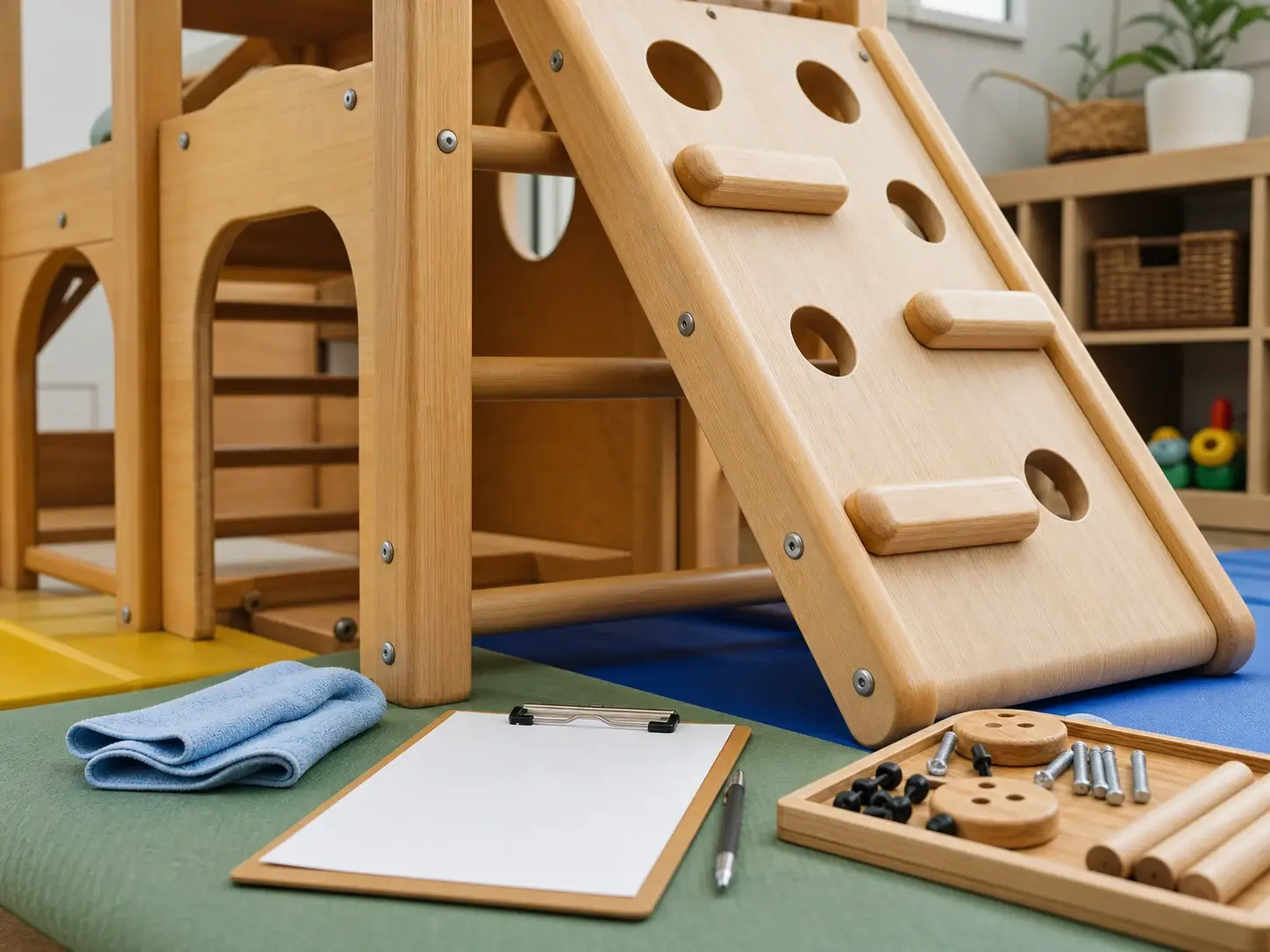 Close-up safety and maintenance inspection of a wood playground climber with rounded edges, hardware, soft mats, and cleaning tools