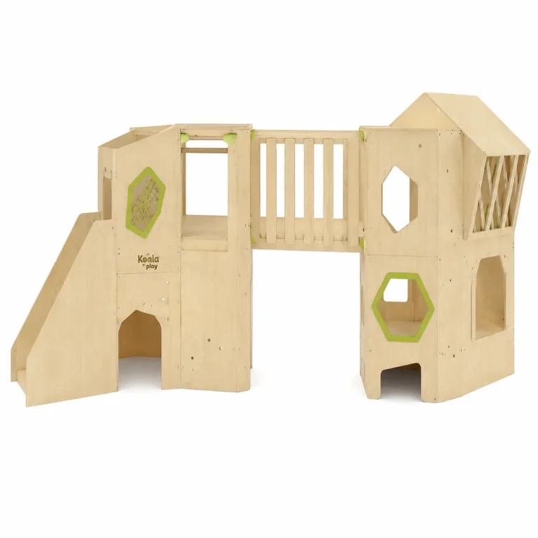 Wooden indoor playground with slide, playhouse, bridge and climbing structure for toddlers