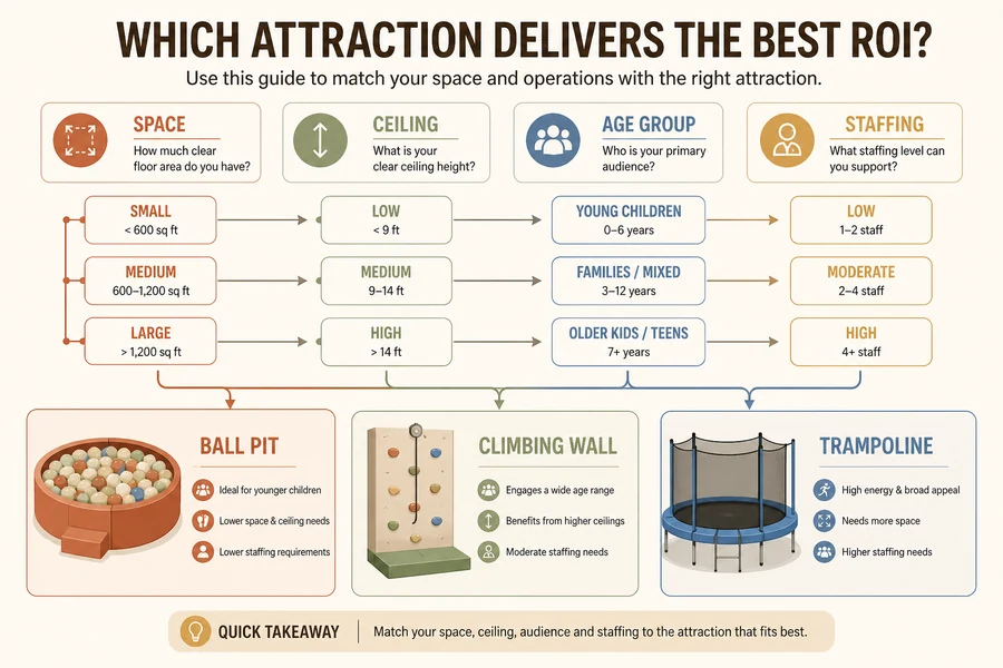 Decision guide comparing space, ceiling height, age group, and staffing for ball pits, climbing walls, and trampolines.