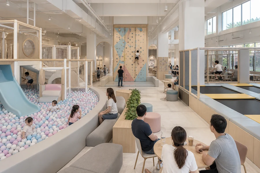 Family entertainment center with ball pit, climbing wall, and trampoline zones.