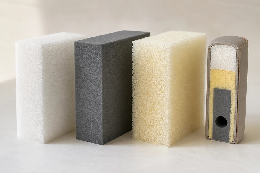 Close-up comparison of foam samples and a soft play padding cross-section.