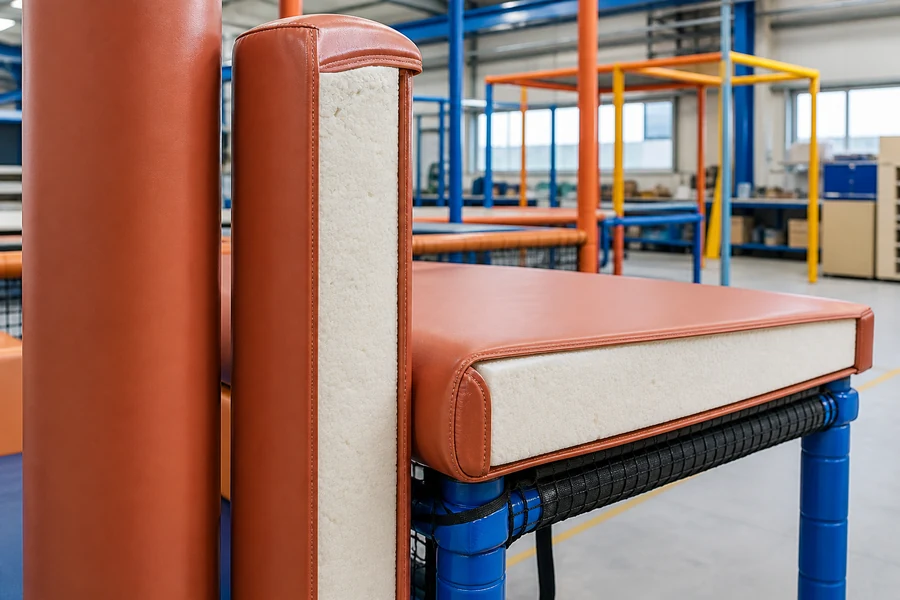 Cutaway view of dense foam cores protected by PVC covers in commercial soft play padding.