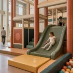 Commercial indoor soft play structure with padded columns, slide, and ball pit.