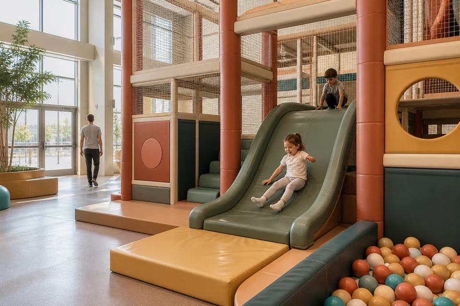 Commercial indoor soft play structure with padded columns, slide, and ball pit.