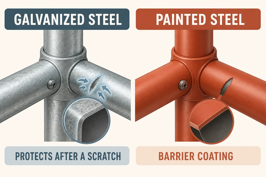 Comparison guide showing how galvanized and painted steel protect a playground frame after a scratch.