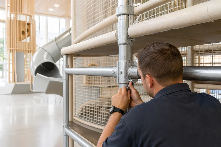 Technician inspecting a galvanized steel connector on an indoor playground frame.