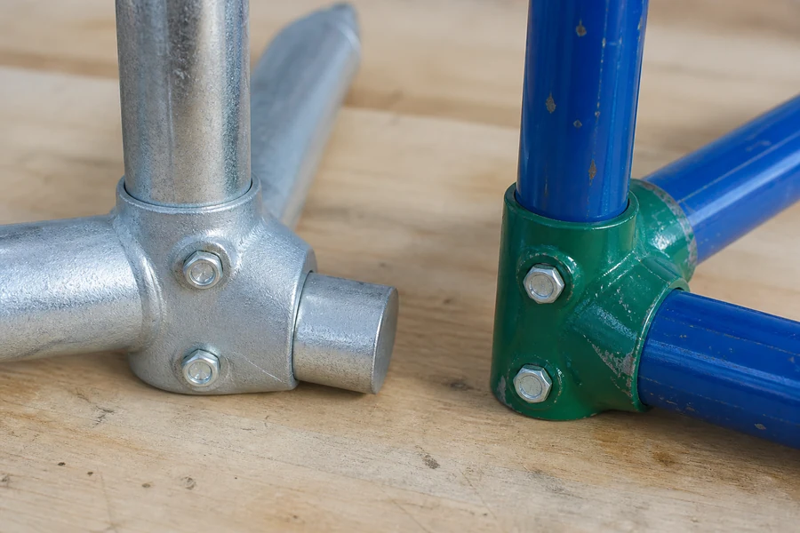 Galvanized and painted steel tube joints showing their different protective finishes.
