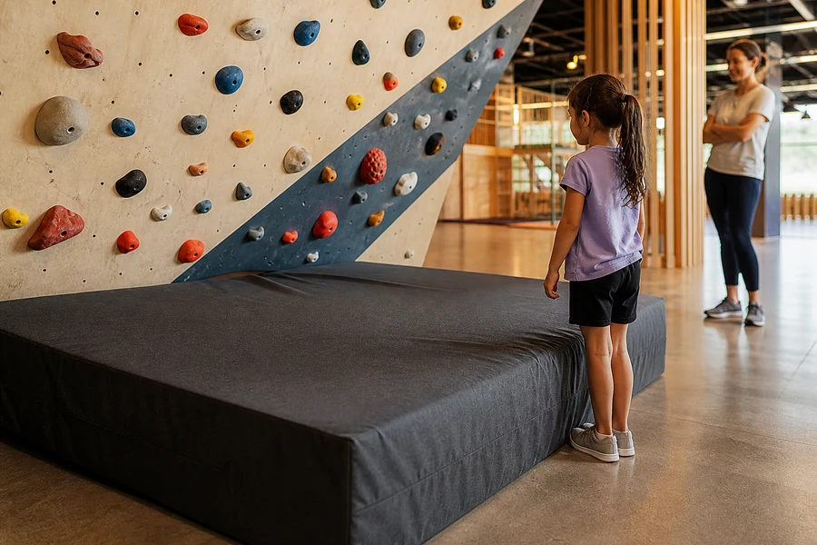 Thick crash pad beneath a low bouldering wall, illustrating a loose-cushioning use for PU foam.