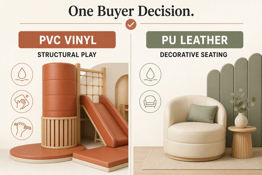 Comparison guide showing PVC vinyl for structural soft play and PU leather for decorative seating.